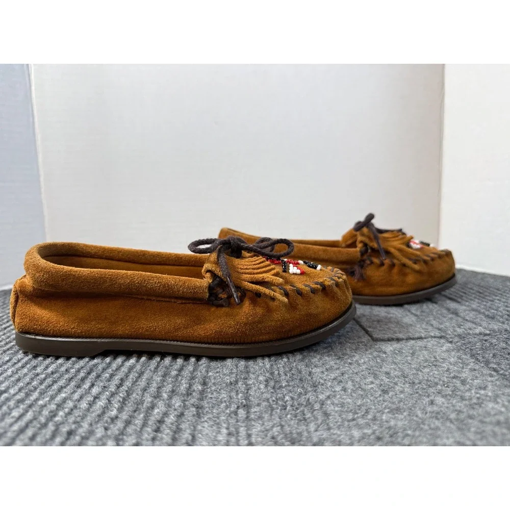 Minnetonka Kids Thunderbird Brown Suede Moccasins Beaded Fringe Shoes Size 2